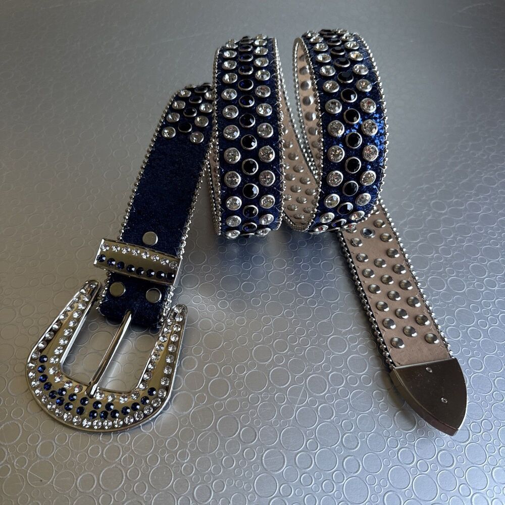 Western Rhinestone Bling Belt XL Royal Blue Glitter Studded Y2K Cowgirl